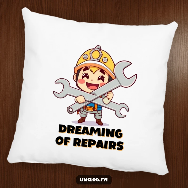 Funny cute character gleefully holding a giant wrench with a proud smile, printed on a comfortable decorative pillow.