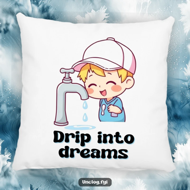 Funny pillow featuring a cheerful character in a cap inspecting a dripping faucet, offering cozy comfort and relatable humor.