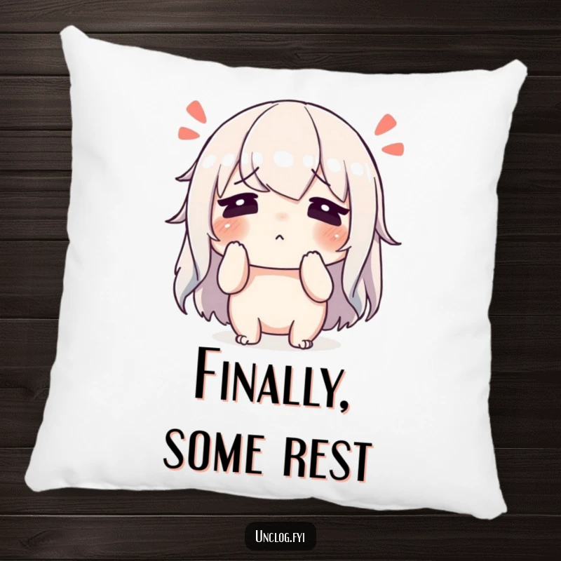 Funny character wiping sweat from its brow with a relieved sigh on a pillow, offering comfort and symbolizing task completion.