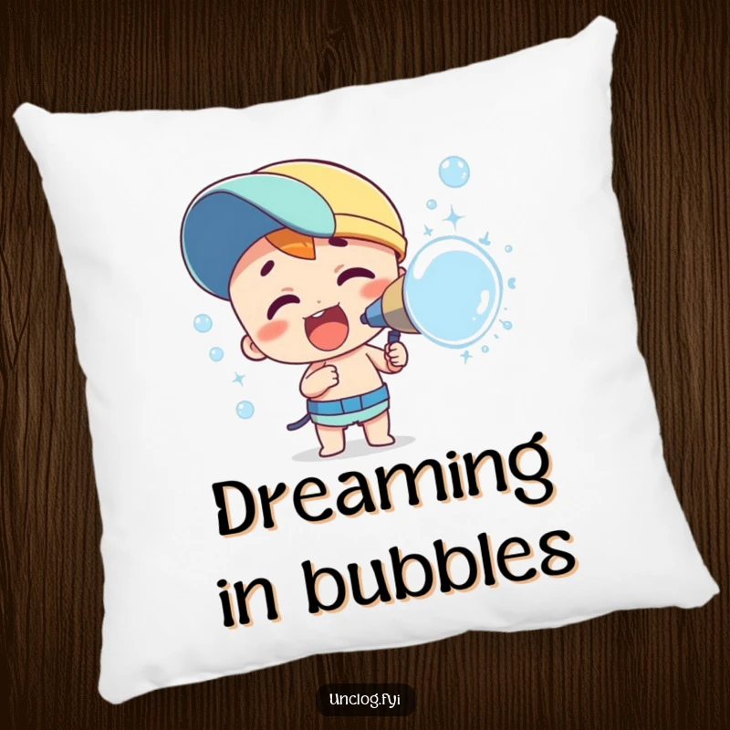 Funny pillow showcasing a character enthusiastically spraying a delightful array of bubbles. Soft, comfortable, and humorously cheerful.