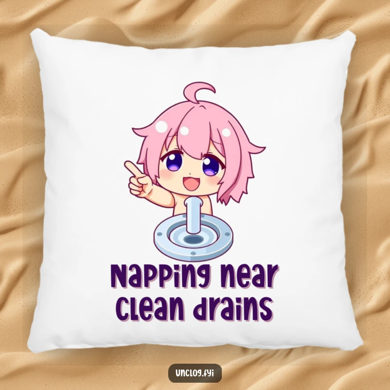 Funny pillow featuring a character proudly pointing at a meticulously clean drain, offering comfort and humor.