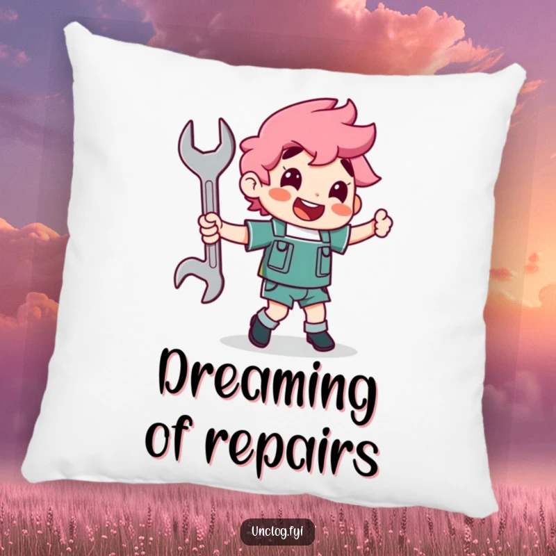 Funny character happily dancing with a wrench as a partner on a pillow, offering comfort and mechanical cheer.