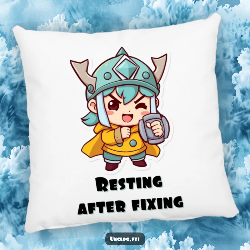 Funny Pillow design featuring a determined character cheerfully tightening a bolt, adding a motivational and humorous touch.