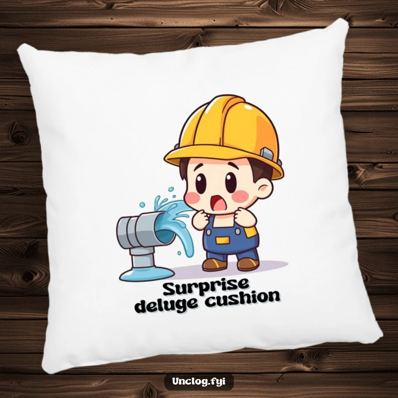 Funny pillow showing a surprised character in a hard hat looking at a dramatically gushing water pipe.