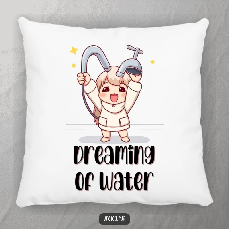 Funny pillow with a design of a character triumphantly holding a shiny new faucet, perfect for home decor.
