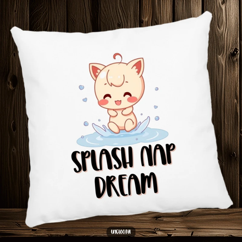 Funny Pillow design showcasing a character exuberantly splashing in a puddle, adding a touch of playful, water-themed humor to any room.