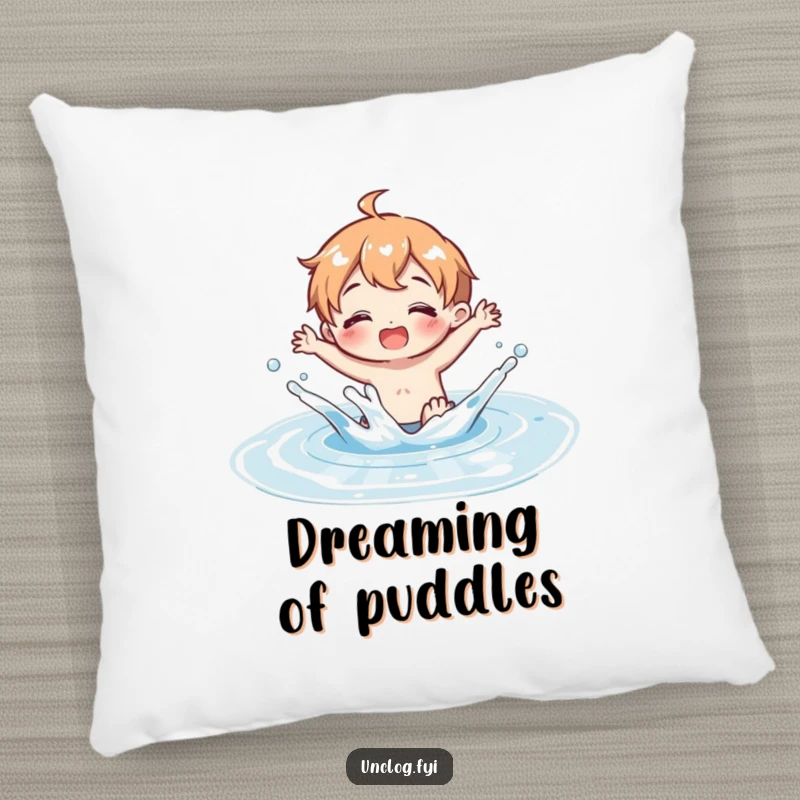 Funny Pillow featuring a character’s cheerful splash in a clean water puddle, offering comfort and a dose of pure, unadulterated happiness.