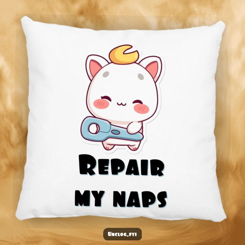 Funny repair guy pillow with a winking character offering a tool, adding soft humor and helpfulness to decor.