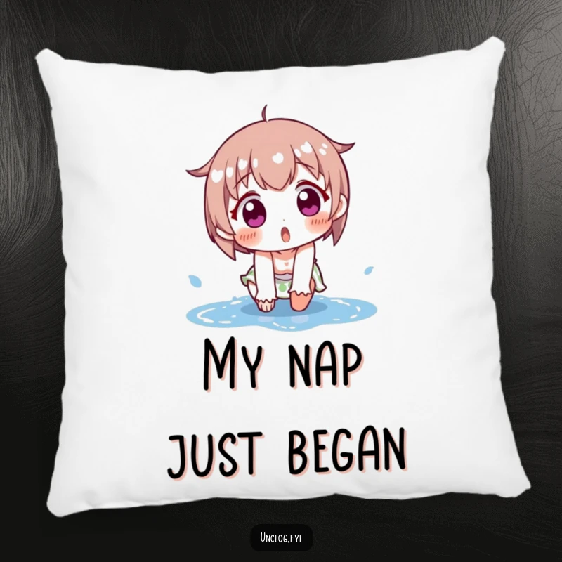 Funny pillow featuring a comical illustration of a character slipping on a puddle, eyes wide with surprise. Soft and humorous decor.
