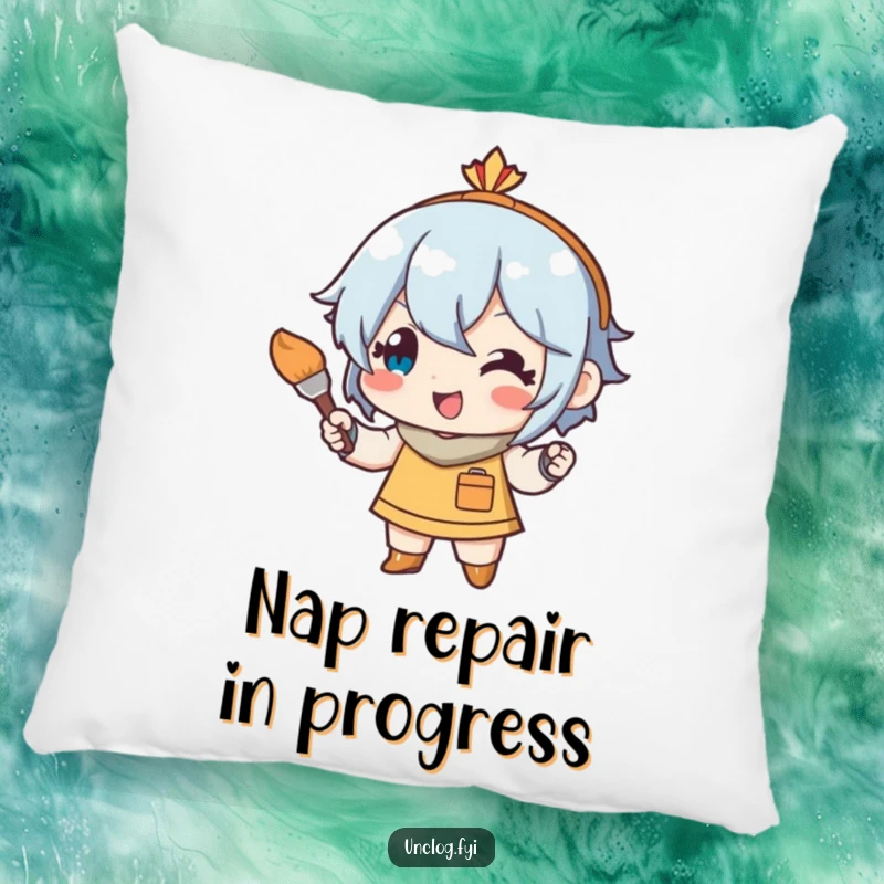 Funny pillow design of a character contentedly wielding a small paintbrush for art touch-ups, bringing a smile and artistic vibe.