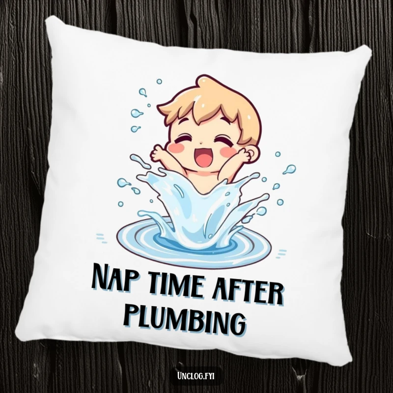 Funny character splashing water from a clear, unclogged drain on a pillow, signifying relief and successful plumbing.