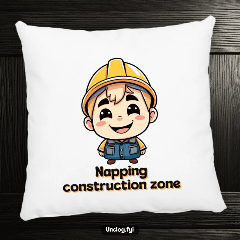 Funny pillow showcasing a character with a cheeky grin, wearing a hard hat backwards. Comfortable and humorously stylish.