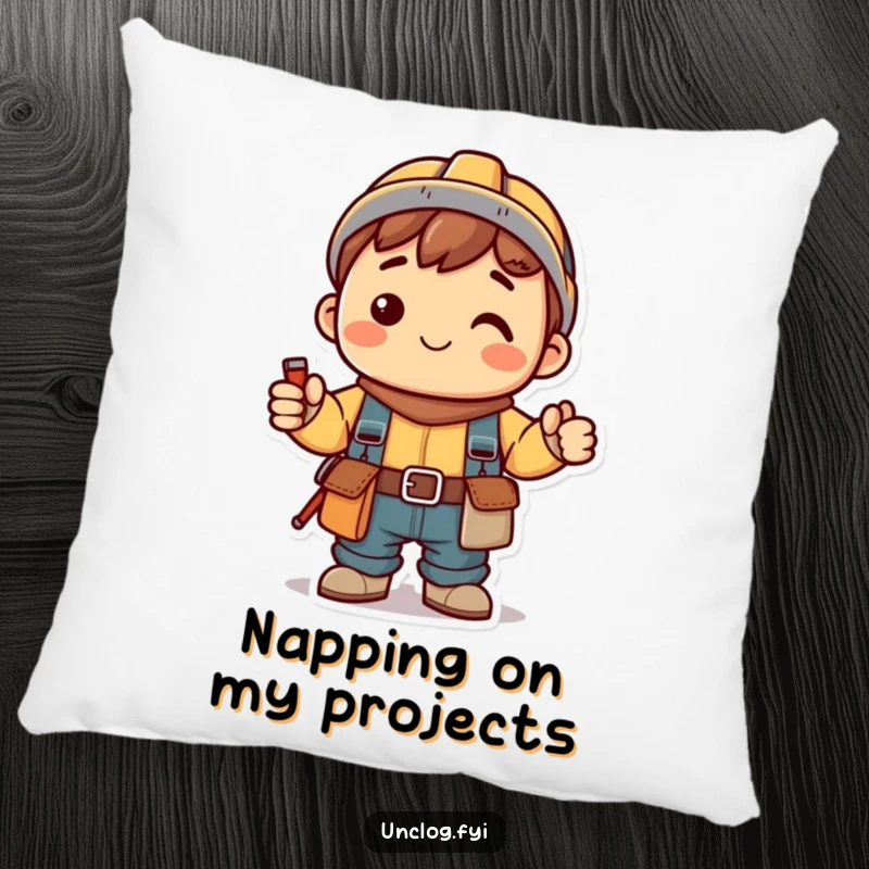 Funny Kawaii Pillow with a smiling character holding tools and wearing a tool belt, perfect for adding a touch of cheerful capability.