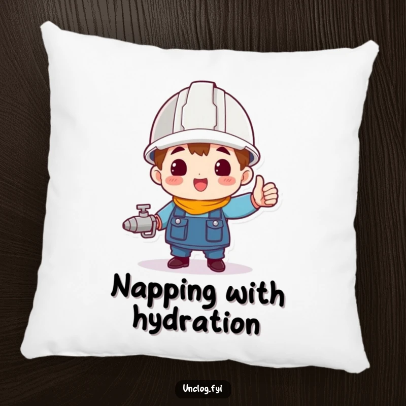 Funny character wearing a hard hat, triumphantly holding a spigot, printed on a comfortable decorative pillow.