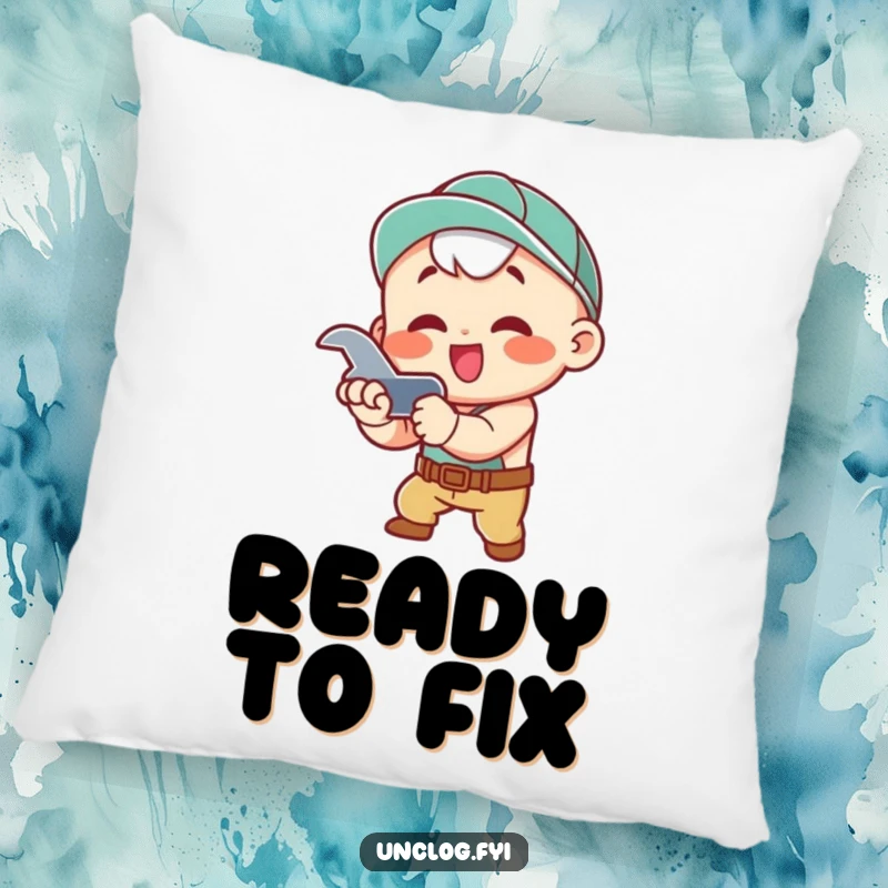 Funny Pillow with a kawaii character enthusiastically tightening a pipe with a wrench, offering comfort and a dose of humor.