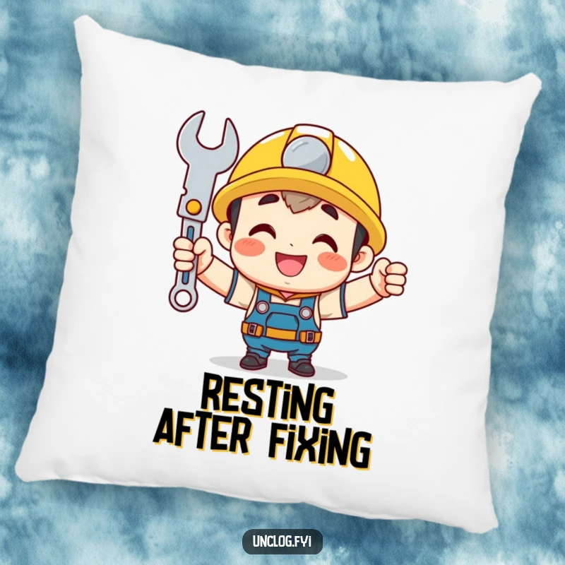 Funny mechanic pillow featuring a cute character holding a wrench with pride, offering comfortable and humorous decor.