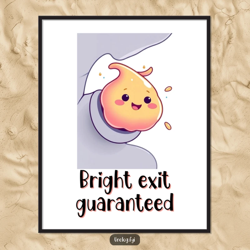 Funny Digital Art Print of a smiling blob of colorful goo making a swift, humorous exit from a pipe.