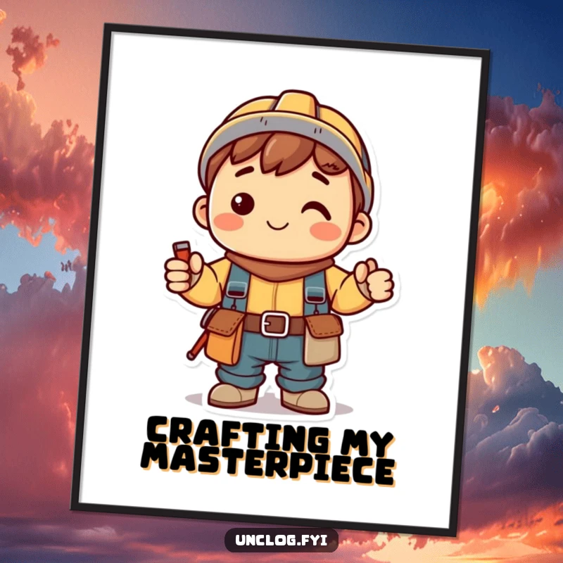 Funny Kawaii Digital Art Print: a smiling character in a tool belt, ready for projects, bringing handy humor to any digital space.