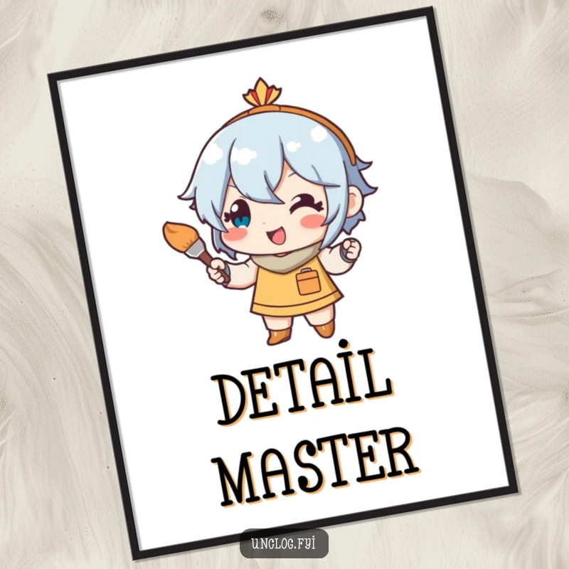 Funny digital art of a character with a small paintbrush making art touch-ups, conveying meticulousness and cheerful artistic expression.