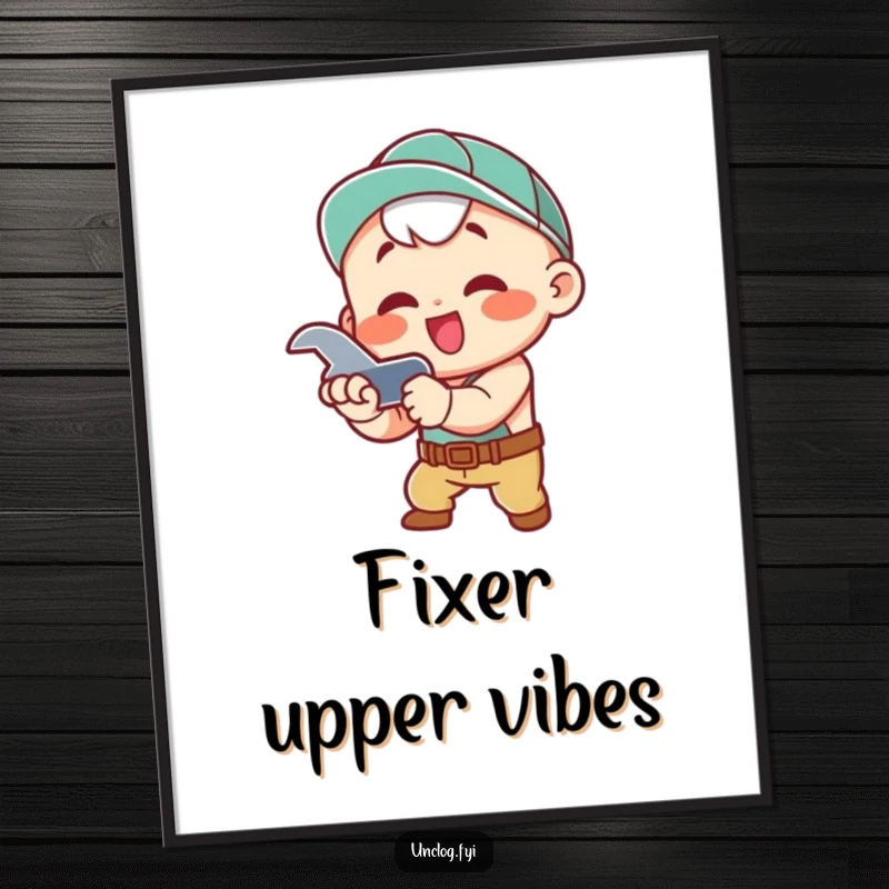 Funny Digital Art Print of a kawaii character enthusiastically tightening a pipe with a wrench, offering instant humorous decor.