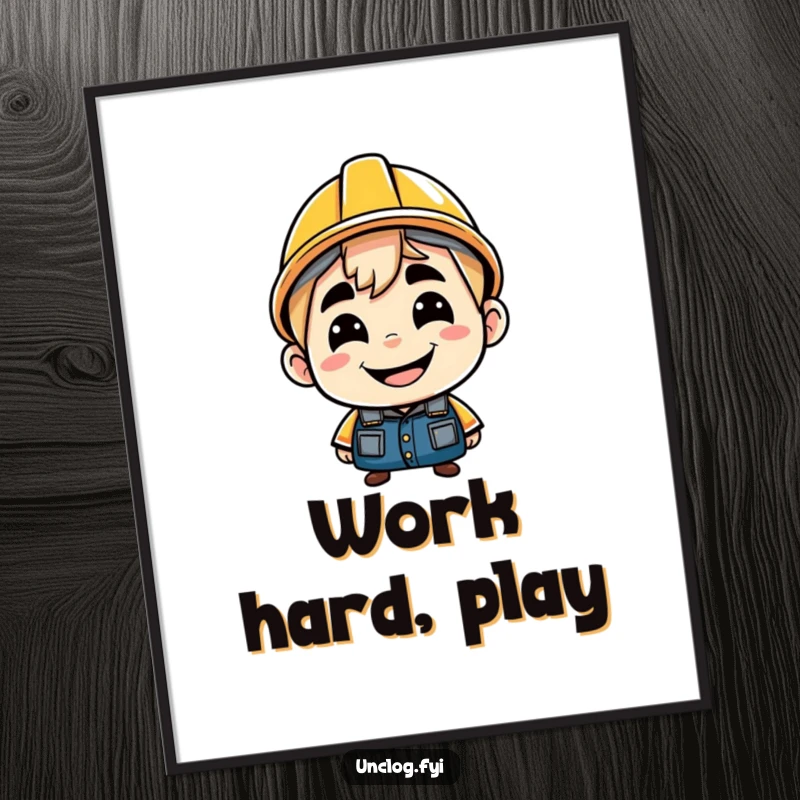 Funny digital art print of a character with a cheeky grin, wearing a hard hat backwards. Instant downloadable attitude and humor.