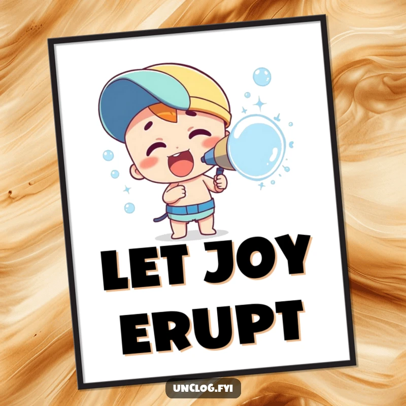 Funny digital art print of a character enthusiastically spraying a vibrant, shimmering cloud of bubbles. Instant downloadable happiness.