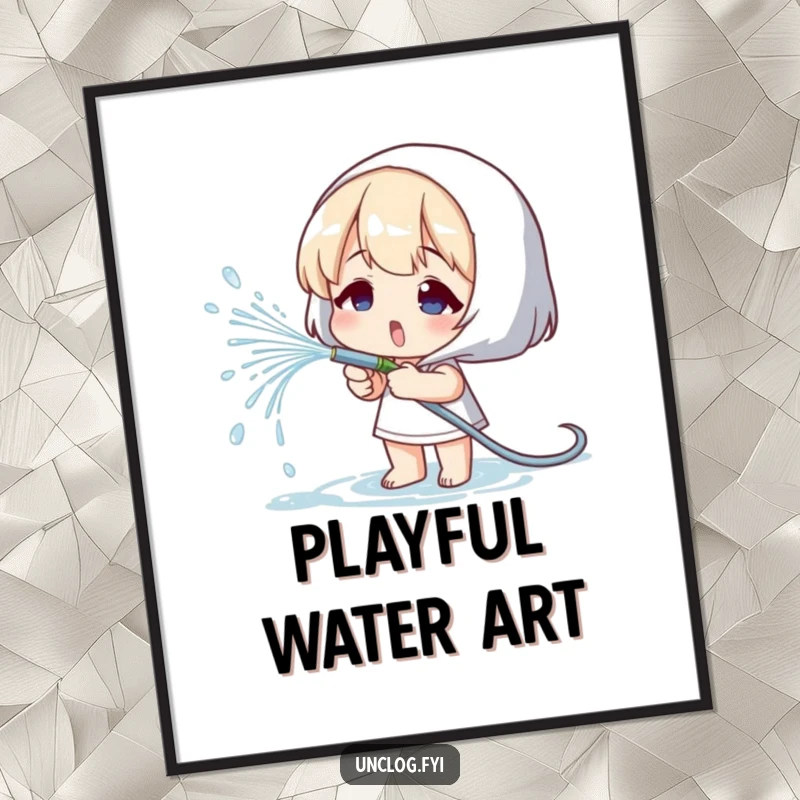 Funny digital art print of a character playfully spraying water from a small hose, adding whimsical charm.
