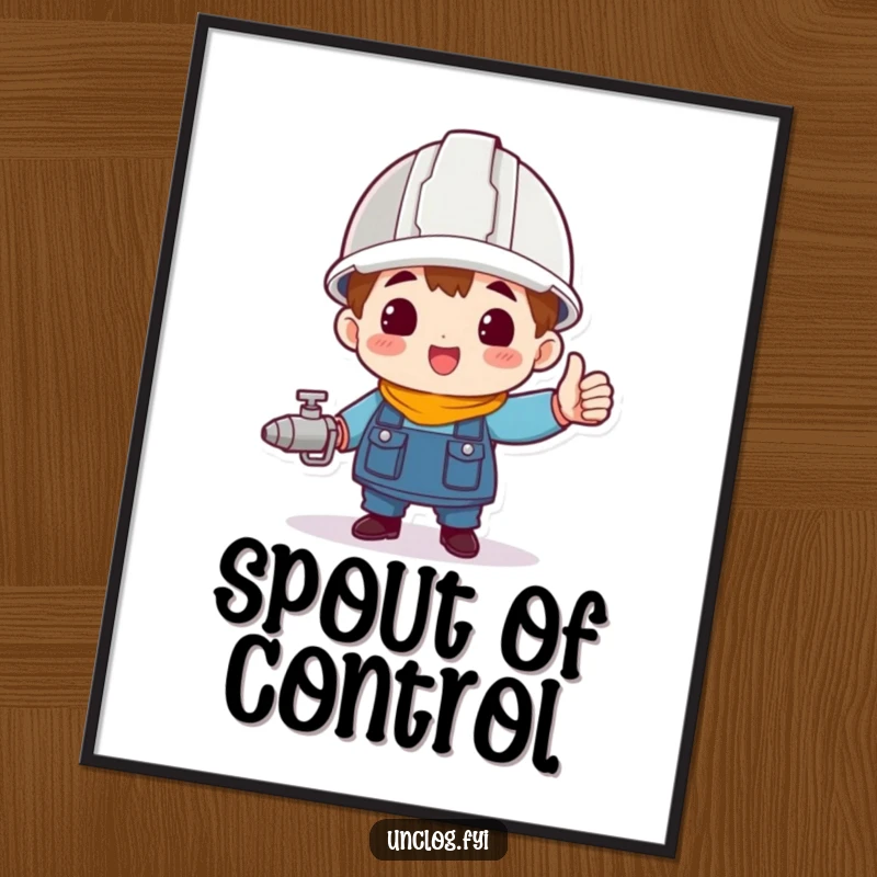 Funny character wearing a hard hat, triumphantly holding a spigot, ready for digital download and printing.