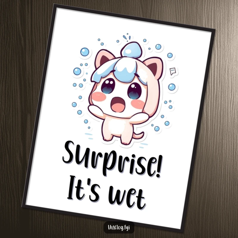 Funny kawaii digital art print showing a cute surprised character with water spraying everywhere.