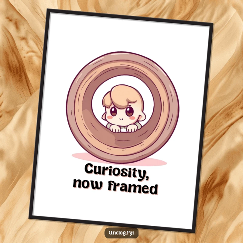 Funny digital art print of a character peeking around a large pipe, conveying curiosity and humor in a downloadable format.