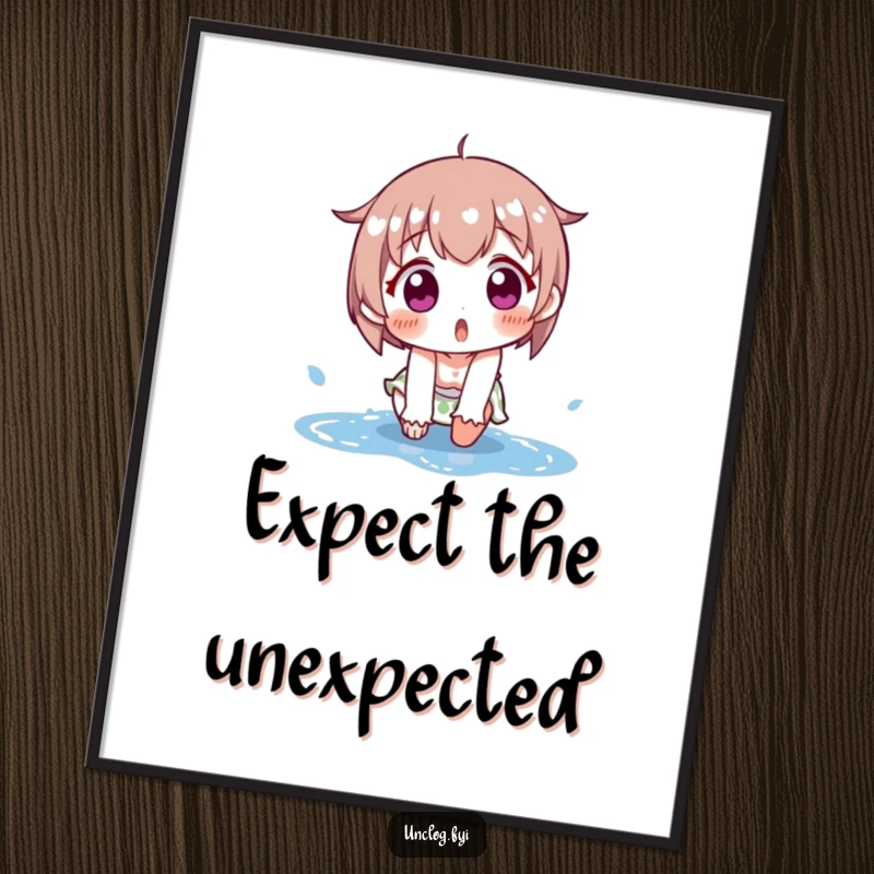 Funny digital art print of a character comically slipping on a wet puddle, conveying surprise and slapstick humor. Instant downloadable smiles.