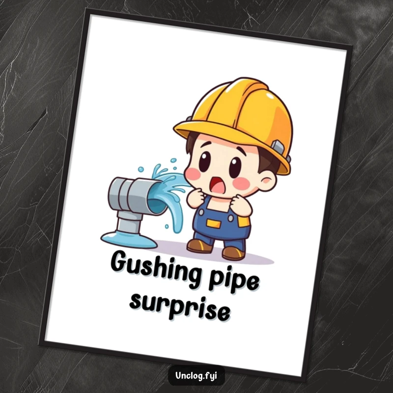 Funny digital art print of a surprised character in a hard hat reacting to a major gushing water pipe.