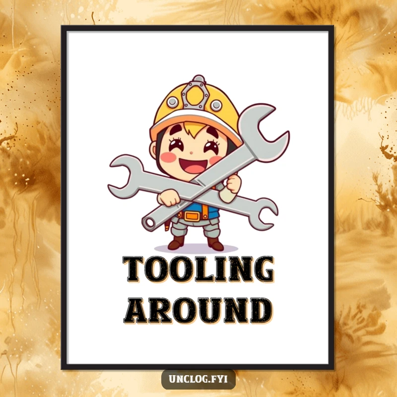 Funny cute character gleefully holding a giant wrench with a proud smile, ready for digital download and printing.