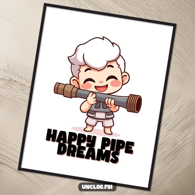 Funny digital art print of a smiling character showing happy determination, expertly tightening a pipe, creating a lively and humorous wall decor.