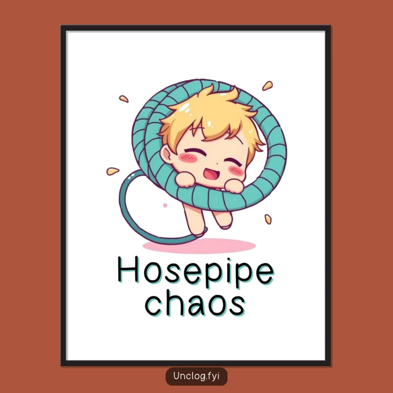 Funny Hosepipe Mayhem Print: Comical Character's Outdoor Folly Digital Art Gift