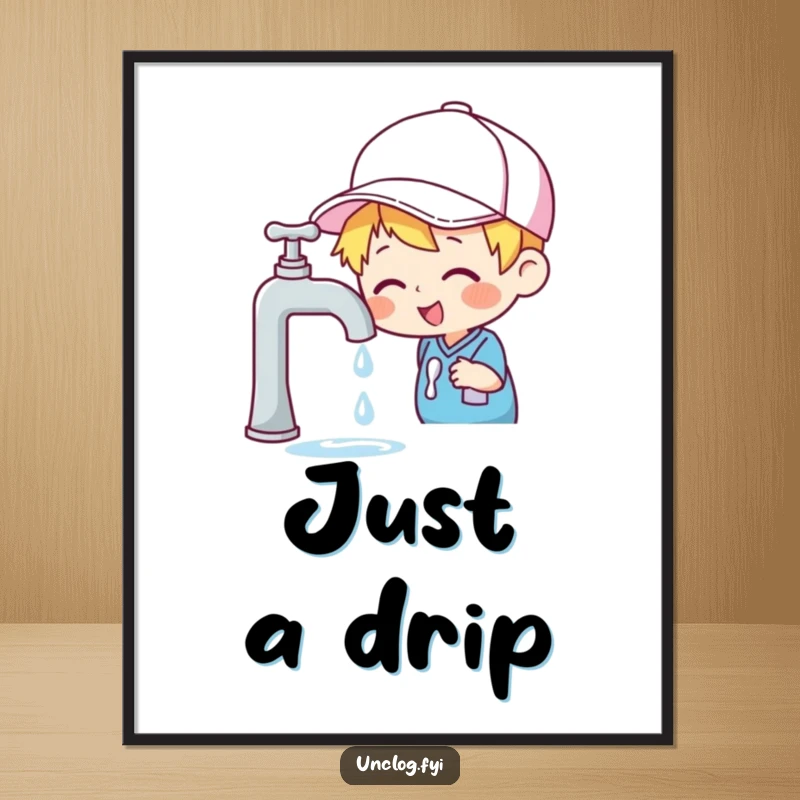 Funny digital art of a cheerful character in a cap inspecting a dripping faucet, capturing a moment of minor household investigation humorously.