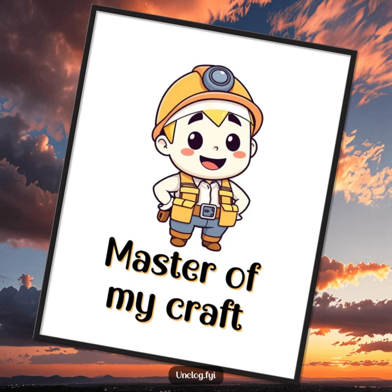 Funny digital art print of a happy plumber character in a tool belt, smiling confidently for wall decor.