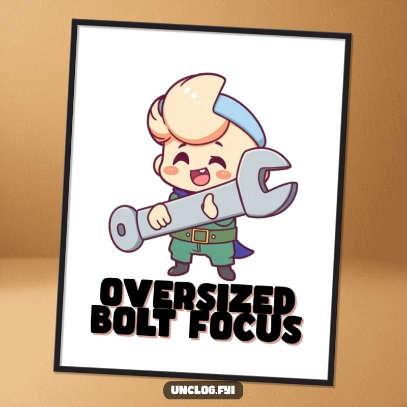 Funny digital art print of a character happily tightening a large bolt with a wrench.