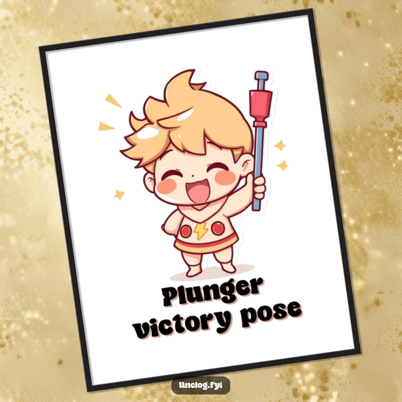Funny digital art print capturing a character's joyful use of a plunger with a triumphant look, creating a lively and humorous wall decor.