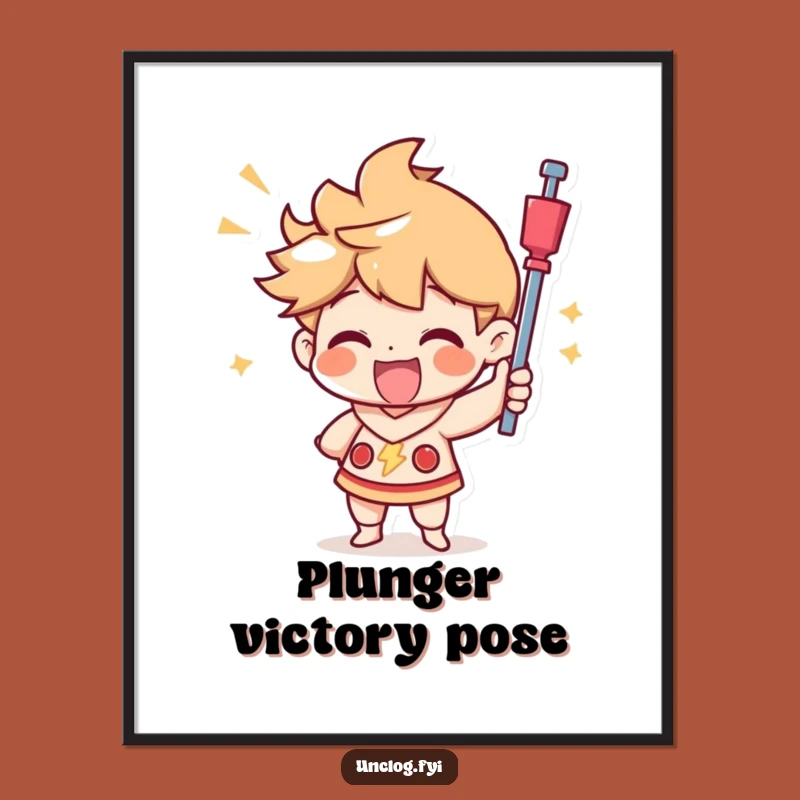 Funny Plunger Art Print: Triumphant Character's Joy, Vibrant Funny Gift Decor
