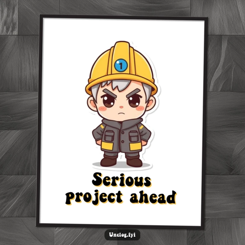 Funny digital art print of a character wearing a small hard hat, their expression conveying strong determination and readiness.