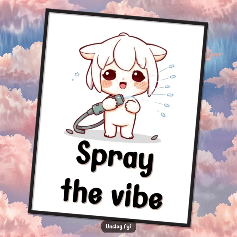 Funny Kawaii character in a dynamic pose spraying a hose, offered as a digital art print for immediate humorous home decor.