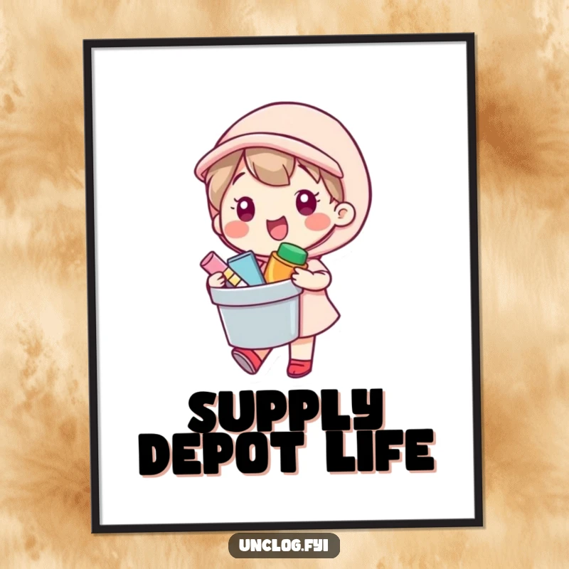 Funny Digital Art Print of a kawaii character happily carrying a bucket of supplies, offering instant cheerful decor.