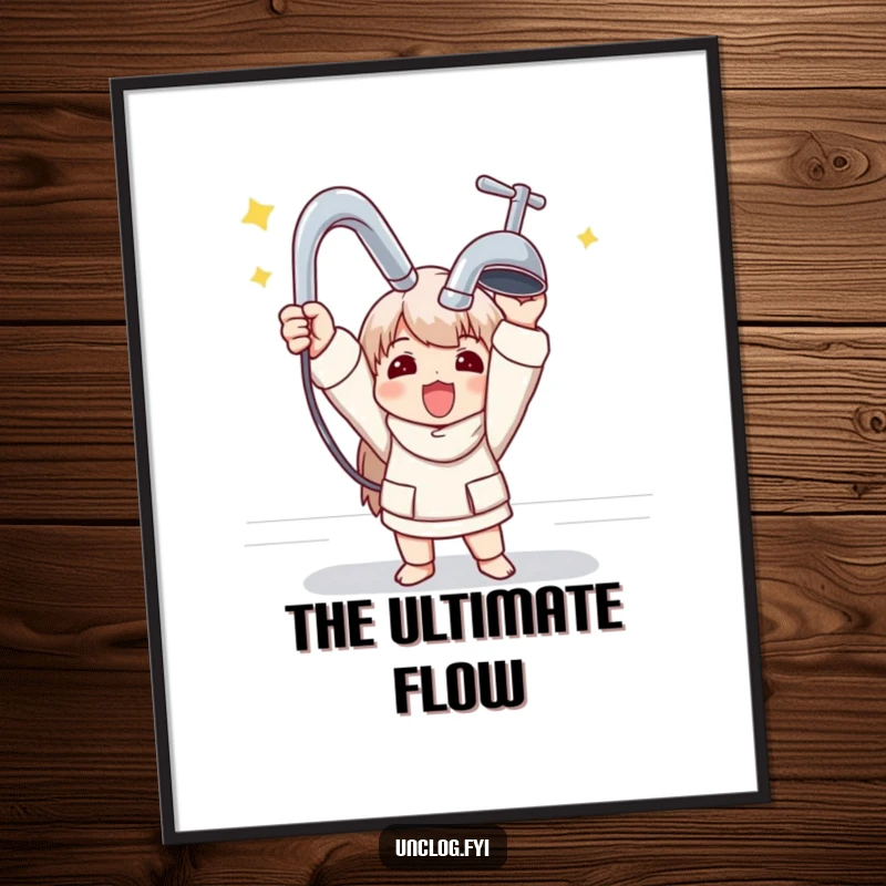 Funny digital art print of a character triumphantly holding a shiny new faucet, symbolizing home improvement victory.