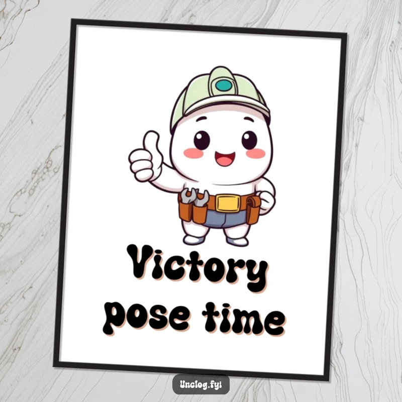 Funny Digital Art Print of a kawaii character giving a happy thumbs up with a tool belt, offering instant cheerful decor.