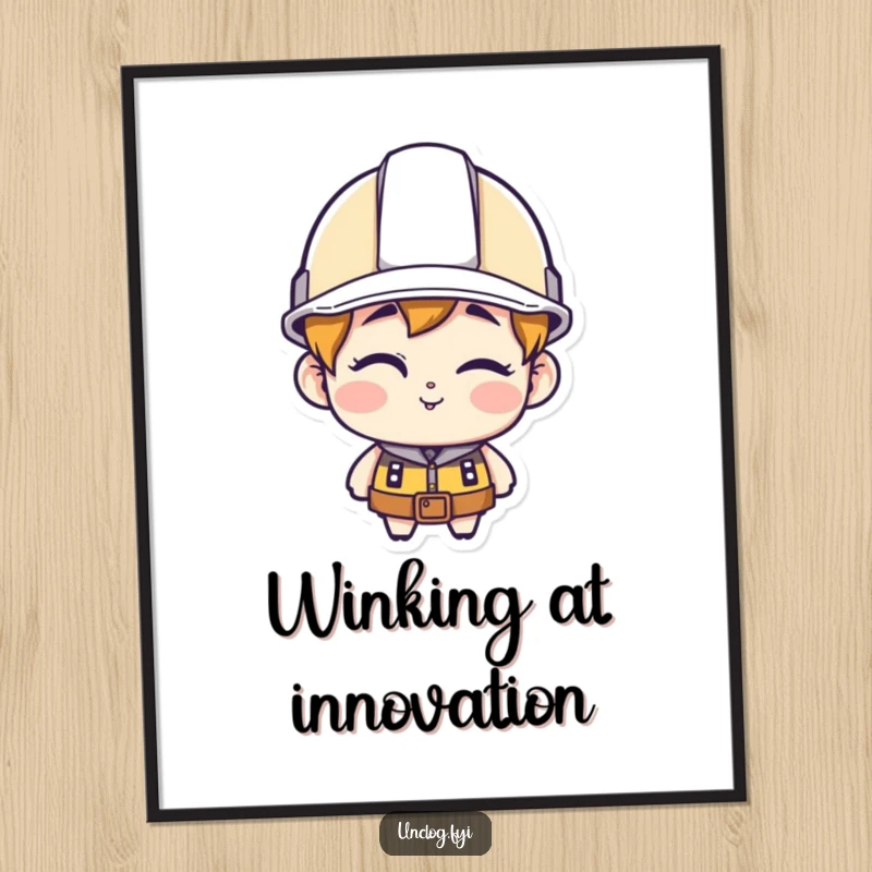 Funny character digital art print, wearing a hard hat and winking, ideal for confident decor.