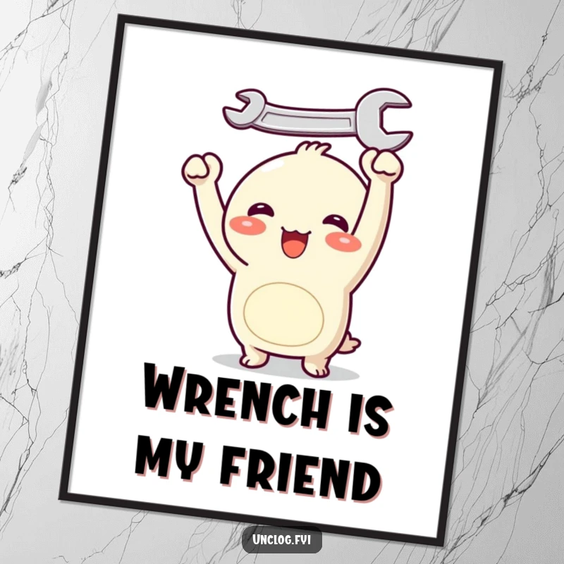 Funny Kawaii digital art print of a joyful character holding a wrench overhead, creating a cute, humorous, and uplifting visual for any digital display.