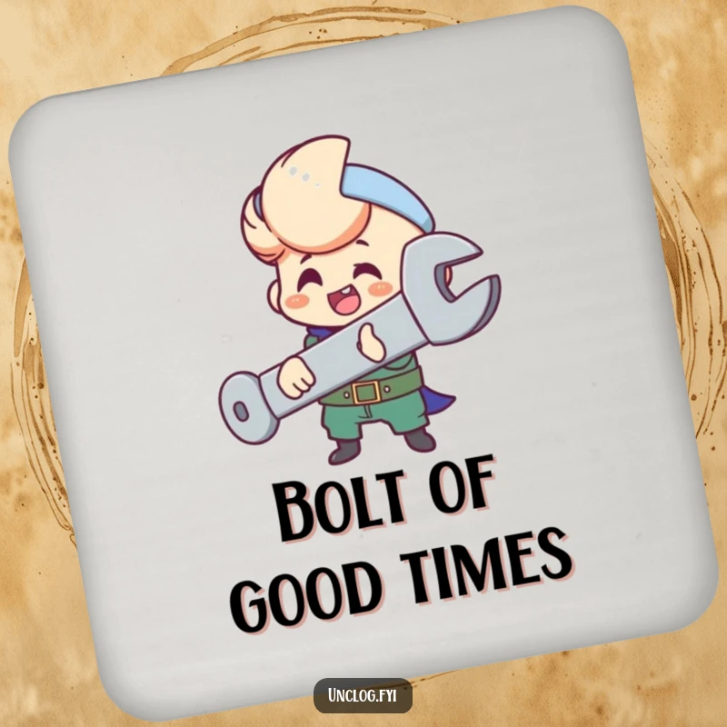 Funny drink coaster featuring a character happily tightening a large bolt with a wrench.
