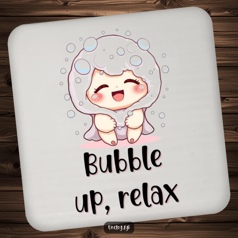 Funny drink coaster featuring a cute character covered in harmless soap bubbles, giggling with playful abandon during a delightful bath.