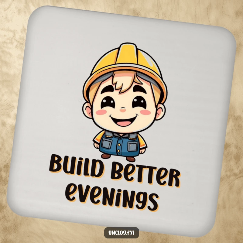 Funny drink coaster illustrating a character with a cheeky grin, wearing a hard hat backwards. Protects furniture with humorous attitude.